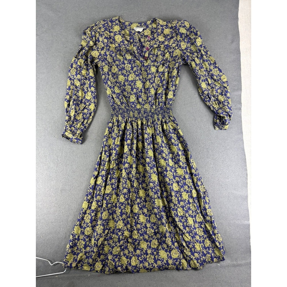Vintage Taurus II Womens Blue Fit & Flare Midi Dress Smocked Waist Floral 8
